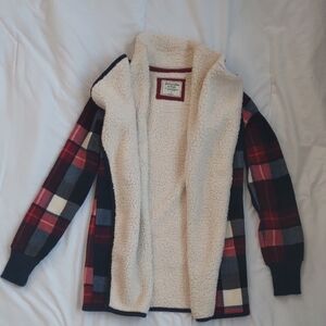 Abercrombie & Fitch Cream and Red Sherpa-Lined Cardigan